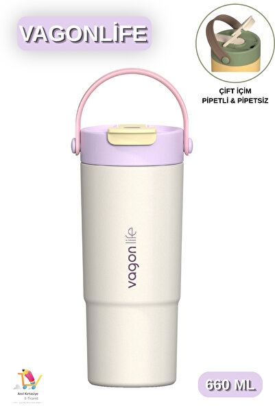 Vagonlife 660 ML Tek Kapak Çift İçim Pipetli / Pipetsiz Kulplu Paslanmaz Çeli...