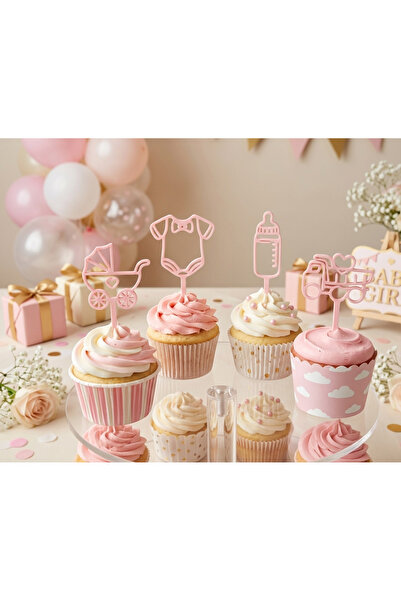LUBIKO STUDIO 6'lı Pembe Baby Shower ve Doğum Günü Cupcake Kürdan Seti - Sağl...