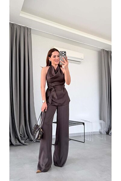 pelin yıldız butik Kahverengi Axel Beli Bağlama Detaylı Bluz Pantolon Takım
