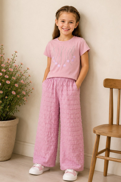 BABY SPORT Set de pantaloni largi cu broderie pentru fete, croială confortabi...