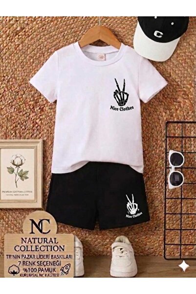 Nice Clothes تي شيرت صيفي للأطفال شورت يونيسكس (طباعة علامة النصر)
