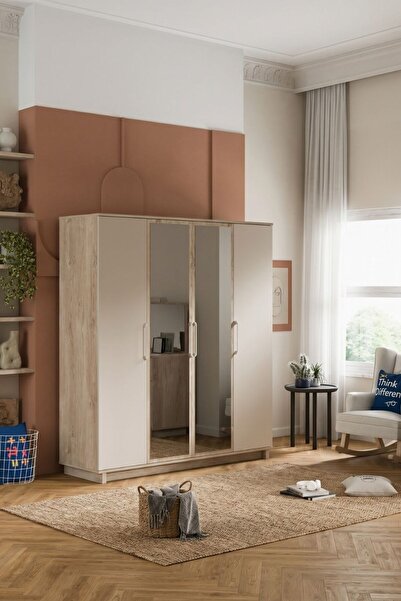 Palmera Delta 4 Kapaklı Dolap - 180 cm Aynalı LEDli Gardırop Giysi Dolabı