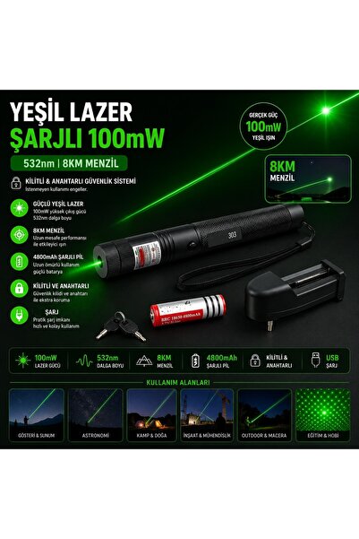 Tastech Laser 303 Yeşil Lazer Şarjlı 100mw 532nm 8km Menzil Kilitli Anahtarlı...