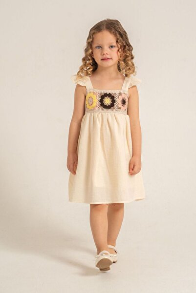 Minigimin Cicileri My Little One's Knitted Floral Embroidered Muslin Girls' D...