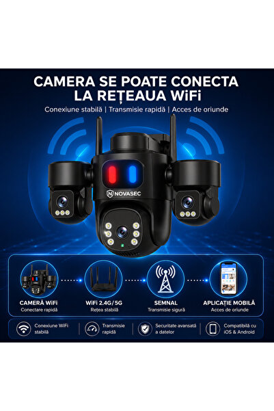 Novasec Cameră de supraveghere WiFi 5G de exterior, 18MP 4K, 3 camere, zoom 10X, detecție mișcare, viziune nocturnă, alarmă, negru