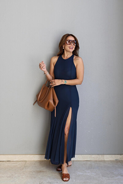 Purple by Banu Lacivert Yırtmaçlı Maxi Tül Elbise