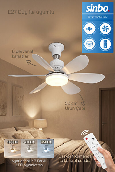 Sinbo SF-7708 3 LED Aydınlatmalı Sessiz Tavan Vantilatörü Kumandalı 6 Kanatlı