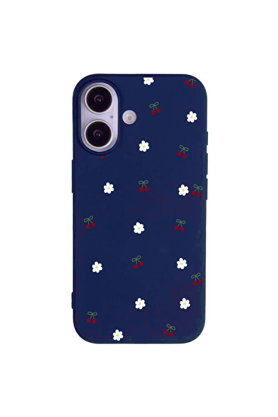 Casen iPhone 17 Lacivert Lansman Renkli Silikon Kiraz ve Çiçek Desenli Kamera...