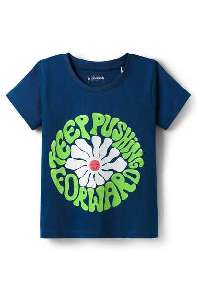 Pine kids Cotton Knit Half Sleeves T-Shirt with Text Print - Navy Blue