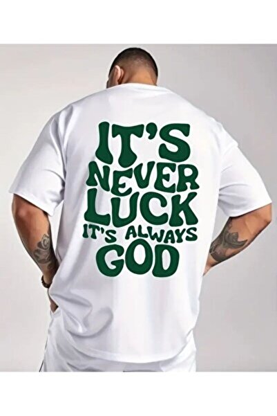 Blueno YO تي شيرت أبيض للجنسين بطباعة God's Luck مقاس كبير