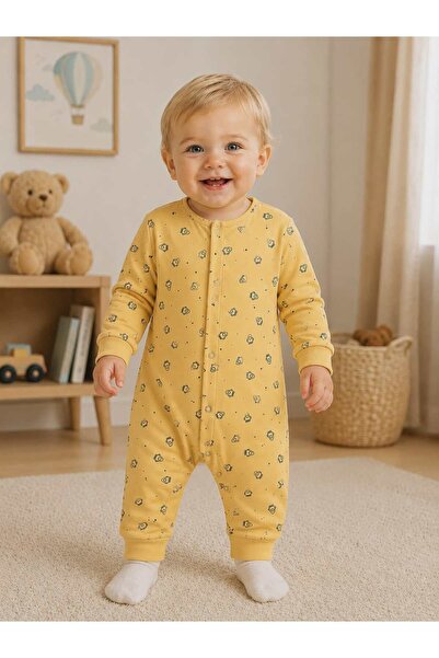 OUTLET Isyiz Baby Patterned Snap Fastener Long Sleeve Jumpsuit 100% Cotton
