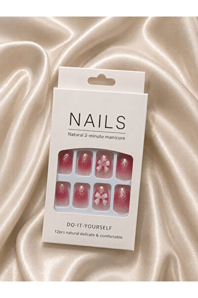 LUNIVRA Pembe Simli Takma Tırnak Fiyonk Detaylı 12'li Press On Nail