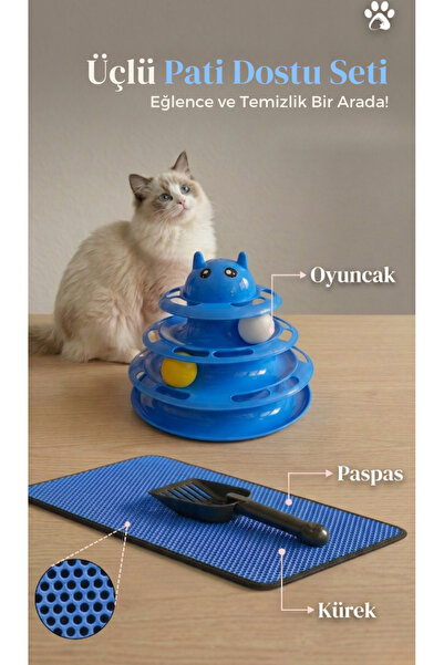 BTNES Pati Dostu 3-Piece Cat Set - 3-Layer Interactive Ball Cat Toy + Mat + C...