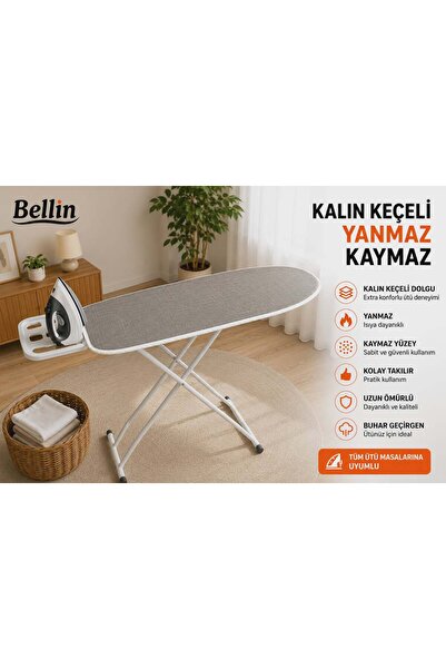 Bellin Ütü Masası Kılıfı Örtüsü Keçeli 140x55 Cm KARELİ GRİ