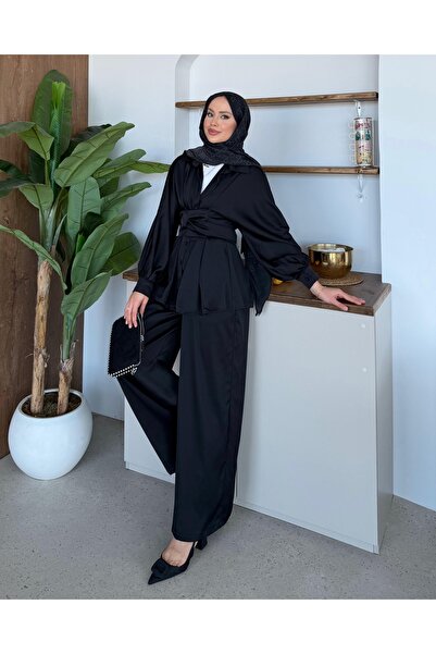 Adalenna Moda Bağlamalı Saten Şık Takım