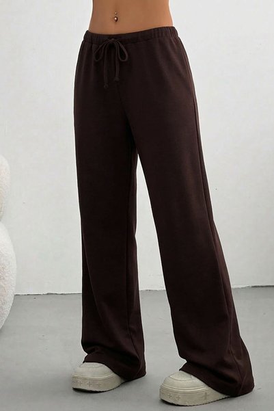 Mood Lab Brown Wide-Legged Draped Knitted Trousers with Elastic Waist and Tie Detail
