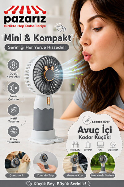 pazariz Mini Taşınabilir Fan Ayrılabilir Telefon Tutucu Özellikli Stand Sevim...