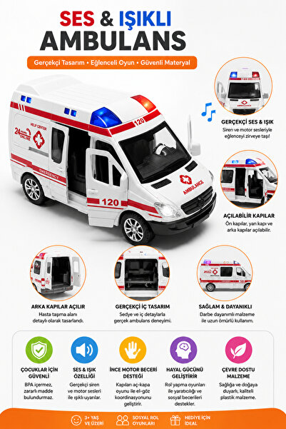 cayenna 15 Cm Sesli ve Işıklı Oyuncak Ambulans Açılabilir Kapılı Gerçekçi Tas...