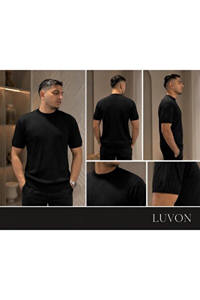 LUVON Μαύρο ανδρικό μπλουζάκι με κοντό μανίκι και λαιμόκοψη ποδηλάτου