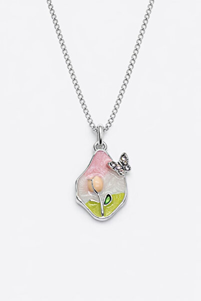 MakeWell Zircon Stone Heart Pendant with Pink Bow Detail Silver Color Stylish...