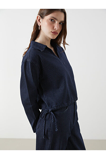 LC Waikiki Shirt Collar Striped Crop Women's Jean Blouse
