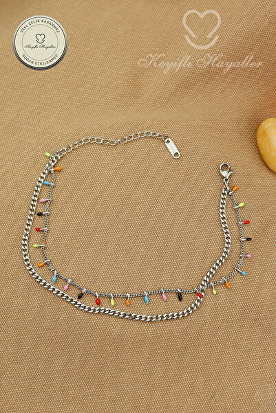 Keyifli Hayaller 316L Çelik Halhal - 2li Kombin Renkli Çubuklu Zincir 316L Çelik Halhal 20+5cm