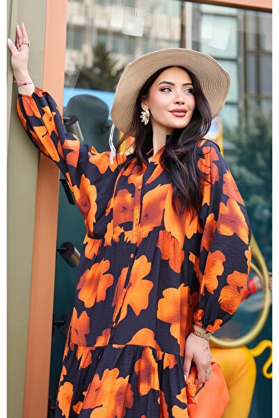 Cannes Dilla Women's Hakim Collar Leaf Patterned Long Orange Dress