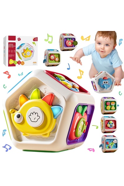 Junios Busy cube cu 7 activitati senzoriale, lumini si sunete - Animalute