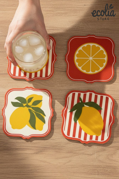 ecolia store Set of 4 Lemon Patterned Coasters Kitchen Decor Coffee Cup Coasters
