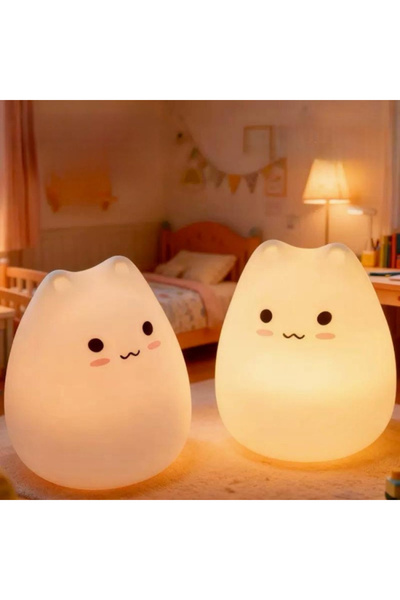 yusa stores Kedi Tasarımlı Dokunmatik Gece Lambası - Silikon, USB Şarjlı, Ren...