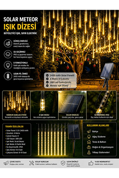 TeknoEser Solar Meteor Yağmur Işık Dizisi 288 LED 8 Çubuklu 4 Metre IP65 Su G...