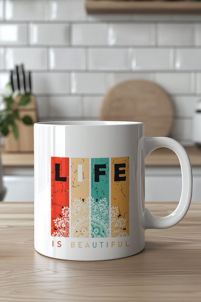 Mio Life كوب سيراميك أبيض بسعة 330 مل مطبوع بتصميم الحياة جميلة
