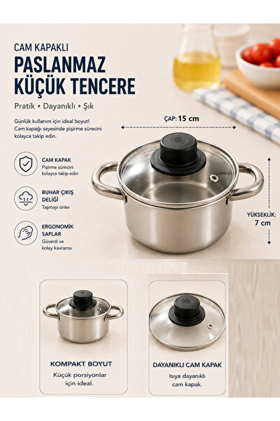 GÜZELYÜZ AVM Cam Kapaklı Mini Paslanmaz Tencere Yükseklik 7cm İç Genişlik 15c...