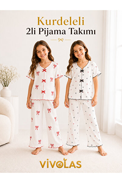Vivolas Kız Çocuk Kurdeleli 2’li Pijama Takımı Fitilli Yumuşak Yazlık Rahat K...