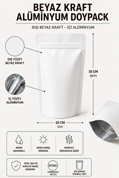 DOYPACK BEYAZ KRAFT ALÜMİNYUM KİLİTLİ 20*30 - 1000 GR - 50 ADET
