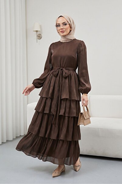 Modamorfo Elastic Sleeves, Tie-Waist Skirt, Layered Janjan Chiffon Dress -Brown