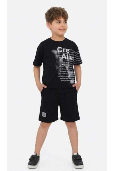 CMKTEKS Boys' Black Cotton Creative Printed T-Shirt and Shorts Set