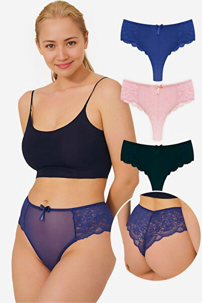 Homay 3-Pack Large Size Brazilian Panties with Tulle Detail on the Front and ...