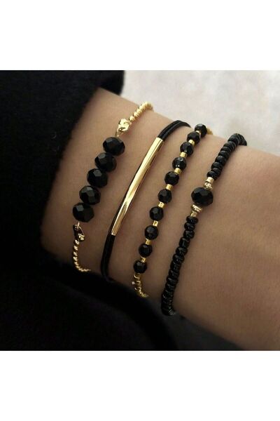 Choice Gold 4Pcs Fashion Black Glass Stone Bracelets Set For Women Boho Handm...