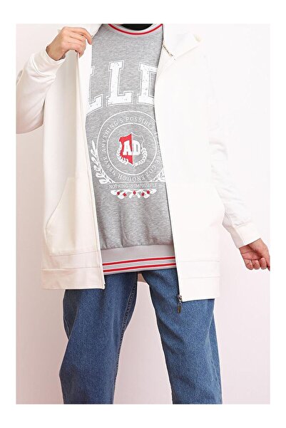 LC Waikiki Nevavm Ecru Hooded Zippered Sweat Cardigan with a Difference