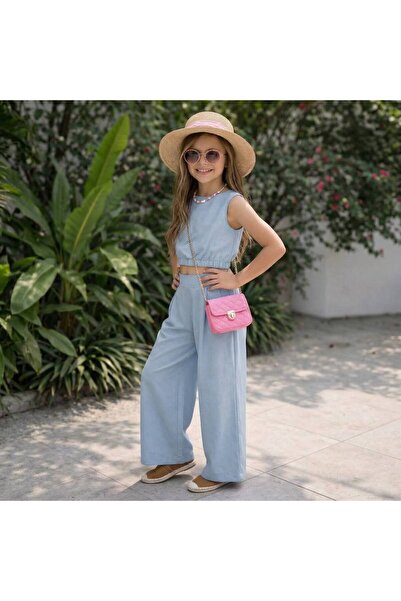 Kız Çocuk Mavi Crop-Pantolon Takım