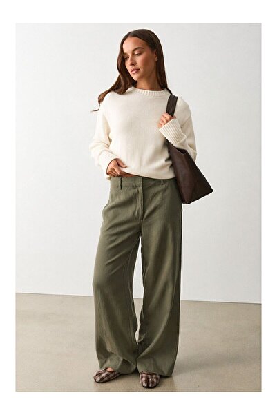 LC Waikiki Nevavm Khaki High Waist Linen Wide Leg Pants with Difference Mg2718