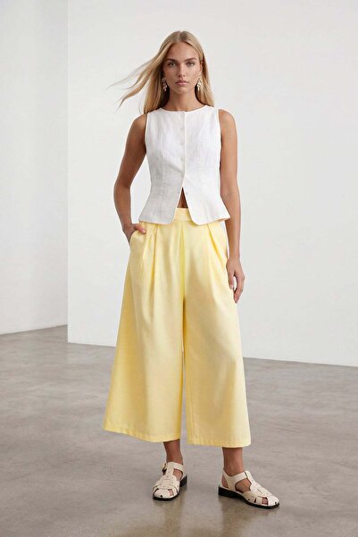 Trend Alaçatı Stili Women's Yellow Double Pocket Pleated Waist Lined Poplin C...