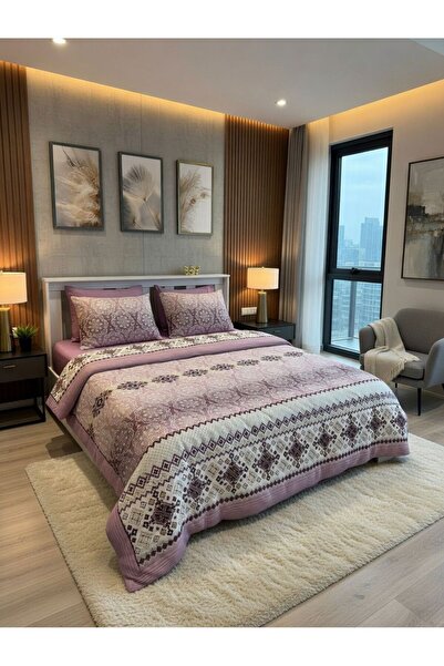VİENNA Double Duvet Cover Set with Elastic Sheets and 4 Pillowcases Soft Text...