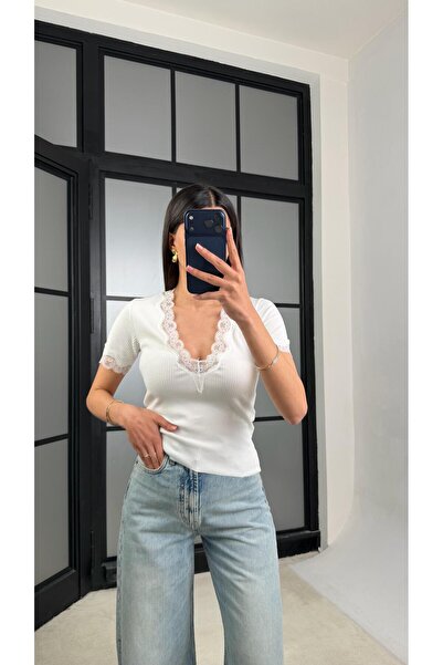 GAUS CO White Lace Detailed Knitwear Blouse Gaus-01409