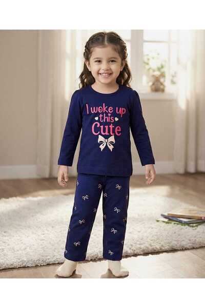 Babyhug Cotton Knit Full Sleeves Night Suit with Bow Print - Navy Blue