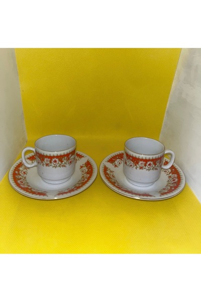 CHN Chinese Porcelain Red Patterned Coffee Cup Set for 2 - Vintage Look