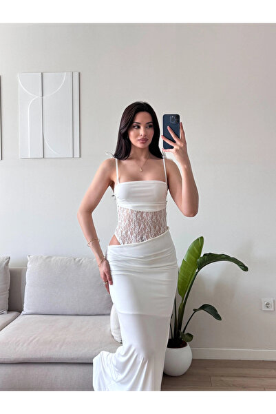 Zoom Butik Güpür Korseli Maxi Elbise - BEYAZ