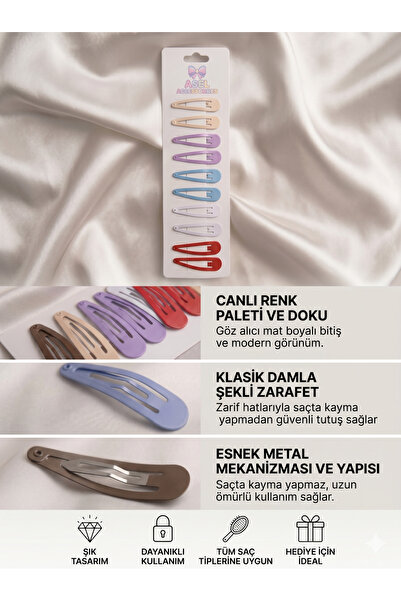 Aselaksesuarr 10'lu Set Mat Renkli Damla Çıtçıt Klipsli Kadın & Kız Çocuk Toka