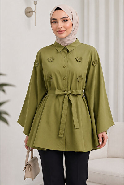 bellura Çiçek Detaylı Kuşaklı Poplin Panço